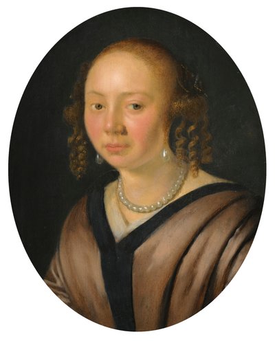 Portret van een dame, hoofd en schouders met oorbellen en een ketting door Pieter Cornelisz van Slingelandt